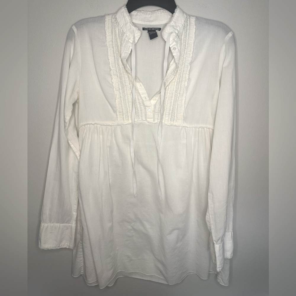 Lucky Brand Boho Ivory Lace Detail 1/4 Button Long Sleeve Blouse Top Women’s M